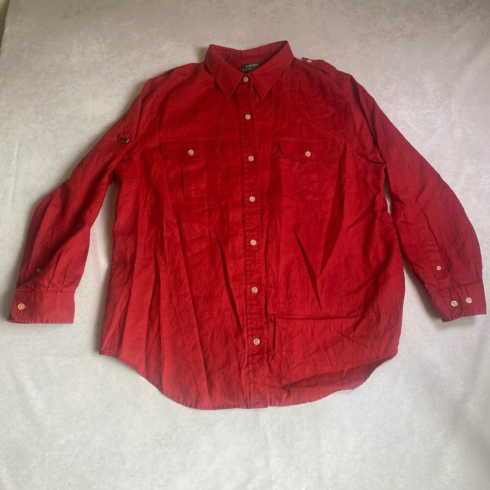 LAUREN Ralp Lauren Womens 1X 100% Linen Red Long Sleeve Button Up